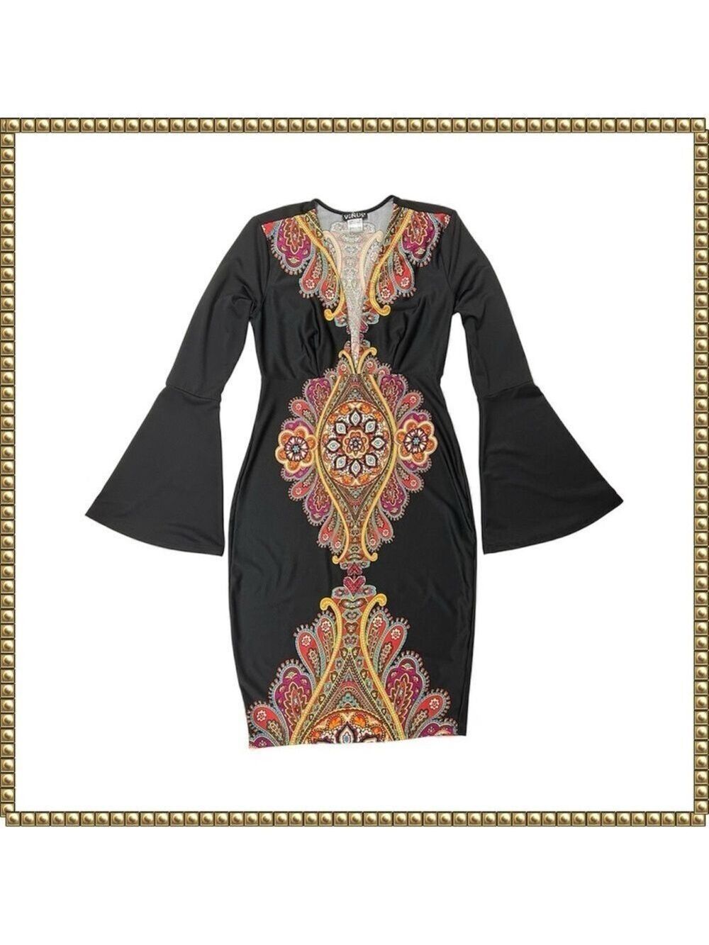 Venus Black V Neck Bell Sleeve Plunging Dress Extra Small
